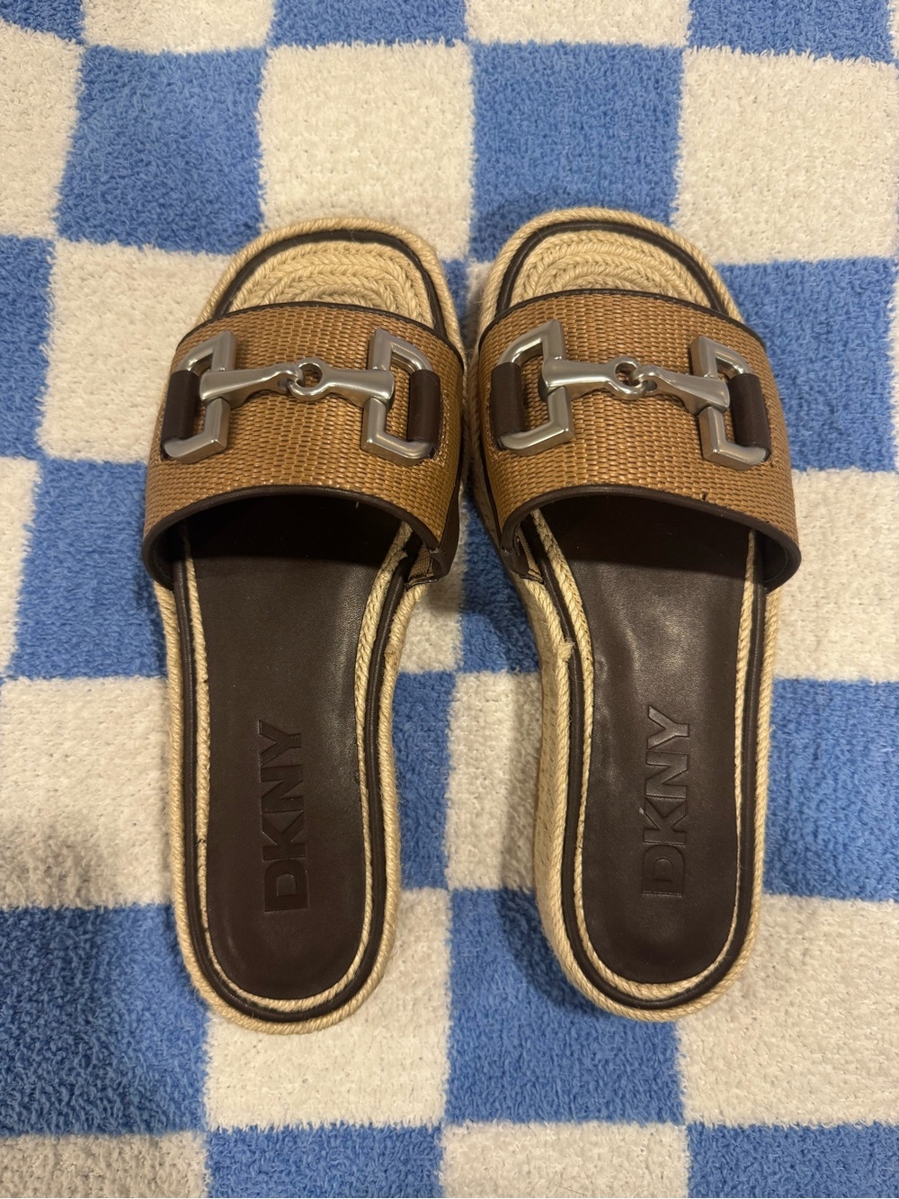 DKNY Tan Brown Slide Mules with Silver Hardware